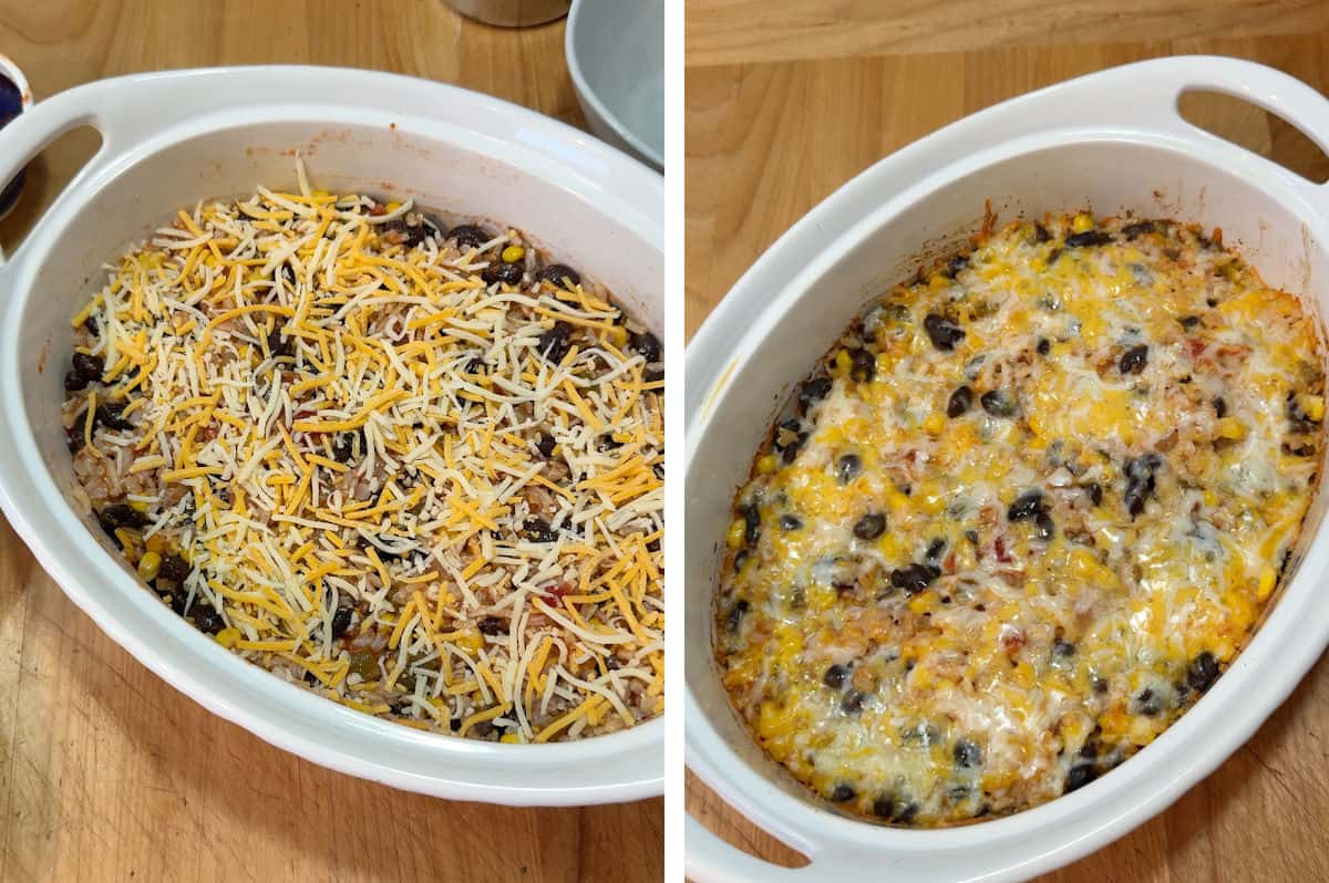 Showing the assembled casserole before and after baking.