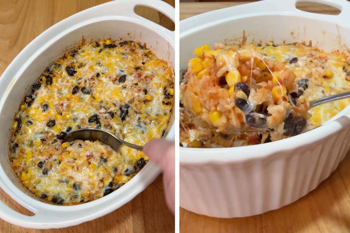 Scooping some of the brown rice and black bean bake out for serving.