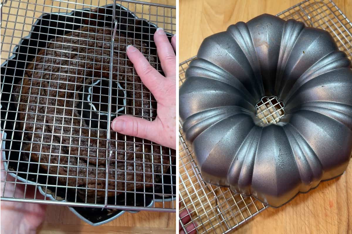 Inverting the pan onto a wire rack to release the Bundt cake.