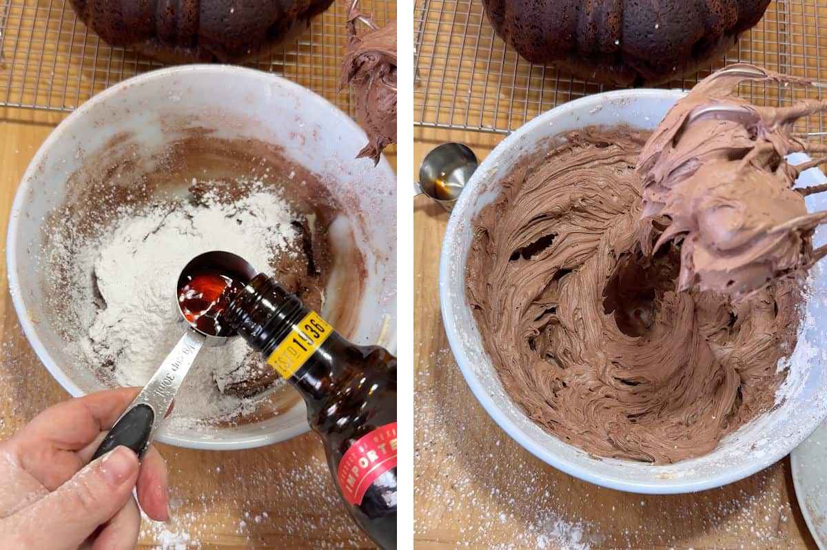 mixing the Kahlua chocolate frosting.