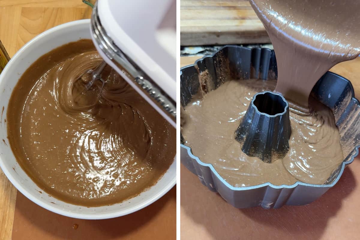 Mixing the batter and pouring it into the pan.