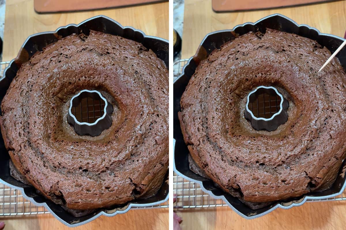 Baked cake in the pan, testing with a toothpick.