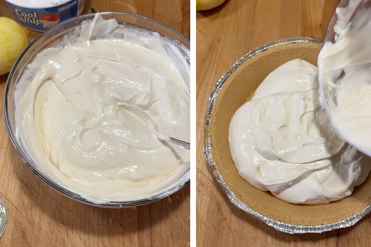 Pouring the filling into the crust.