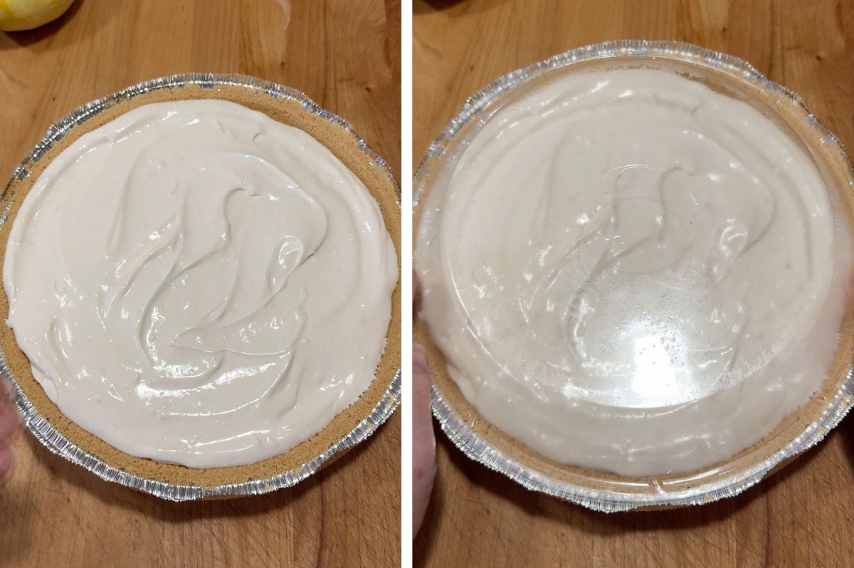 Covering the pie for putting it back in the freezer.