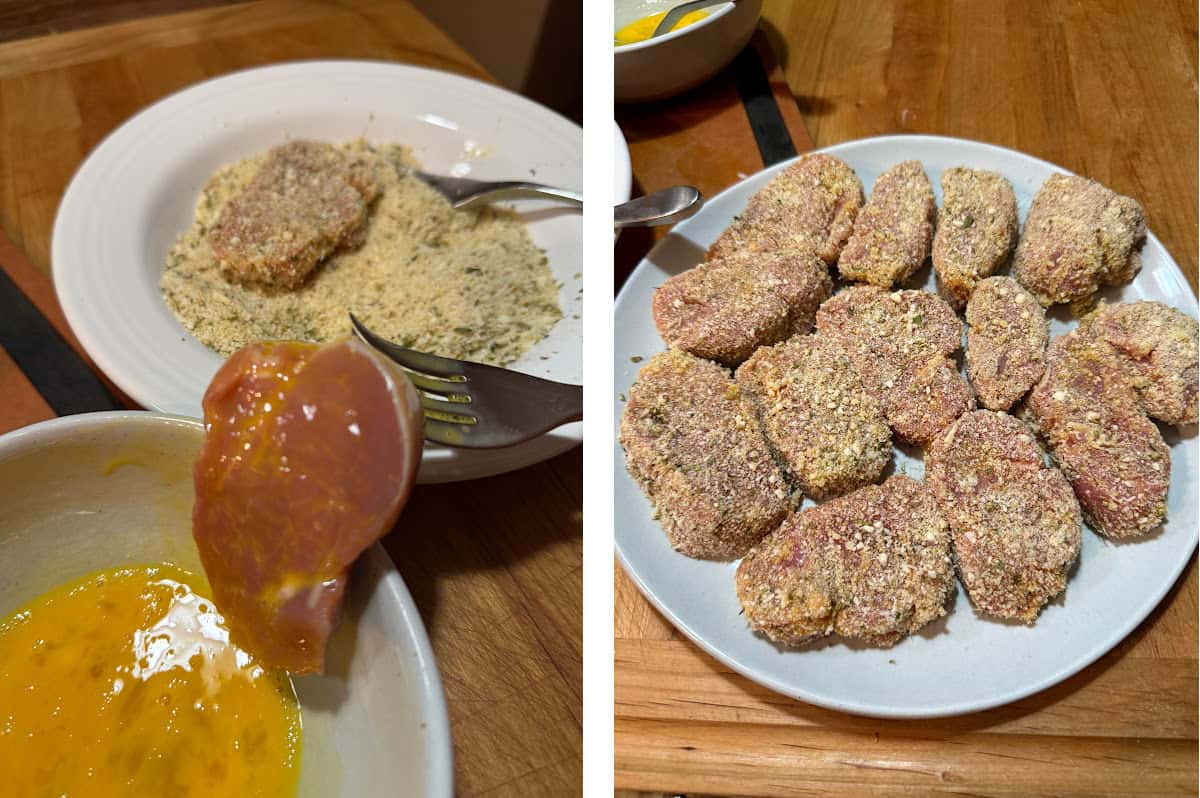 Coating the pork medallions with the breadcrumb mixture.