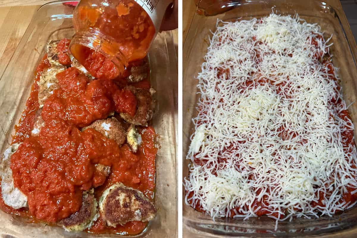 Adding the rest of the sauce and cheese to the baking dish.