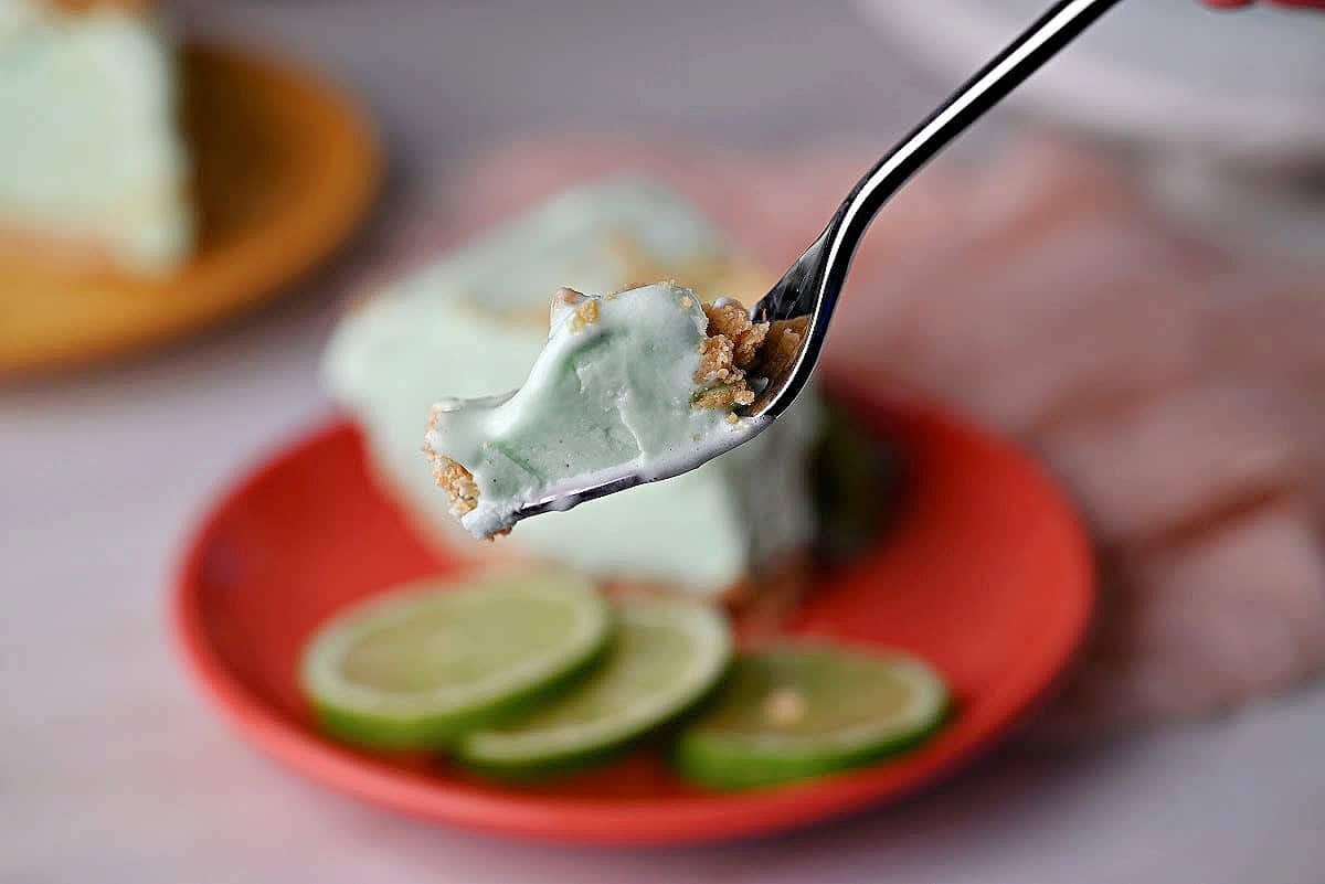 A fork of ice cream pie ready to eat.