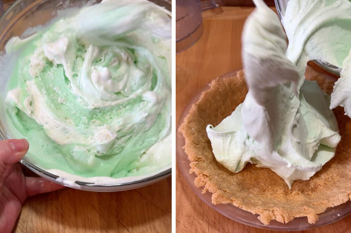 Mixing the filling and pouring it into the pie crust.