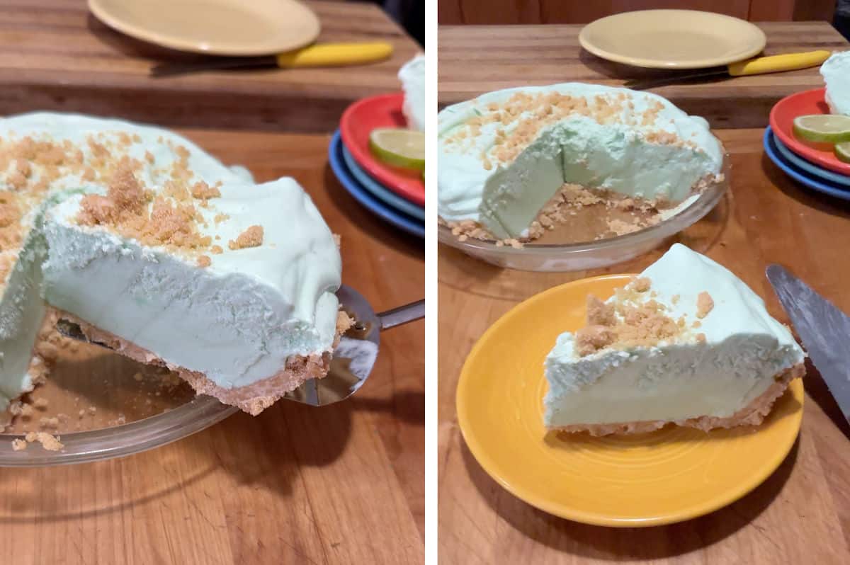 Slicing and serving the frozen lime ice cream pie.
