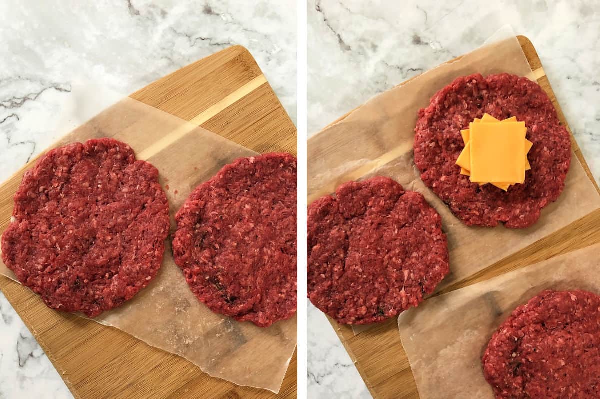 Building the stuffed burger with cheese inside.
