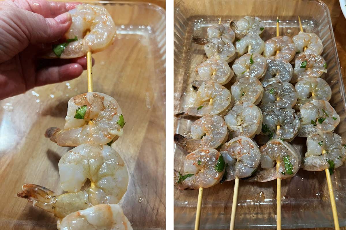 Threading the shrimp onto bamboo skewers.