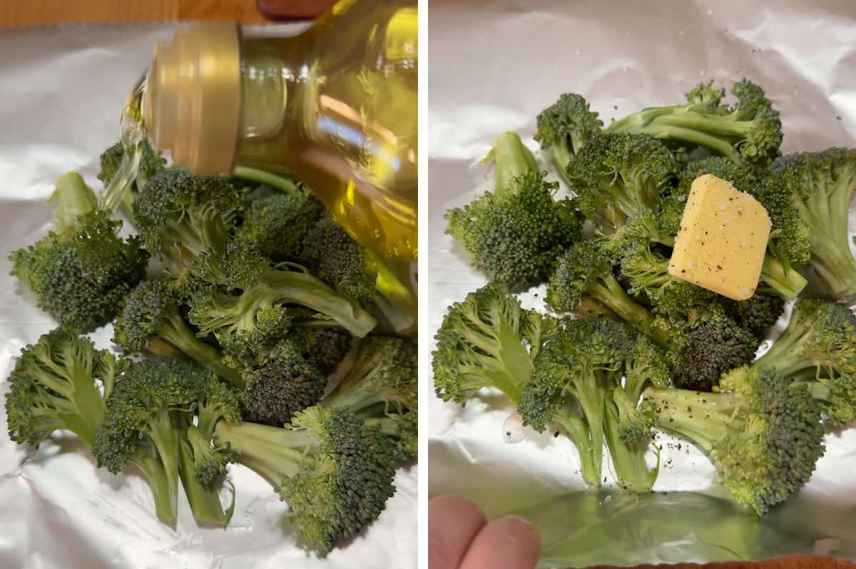 adding olive oil and butter to the foil packet of broccoli before wrapping and grilling.