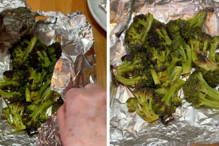opening the foil packet to reveal the steamed and charred broccoli florets.
