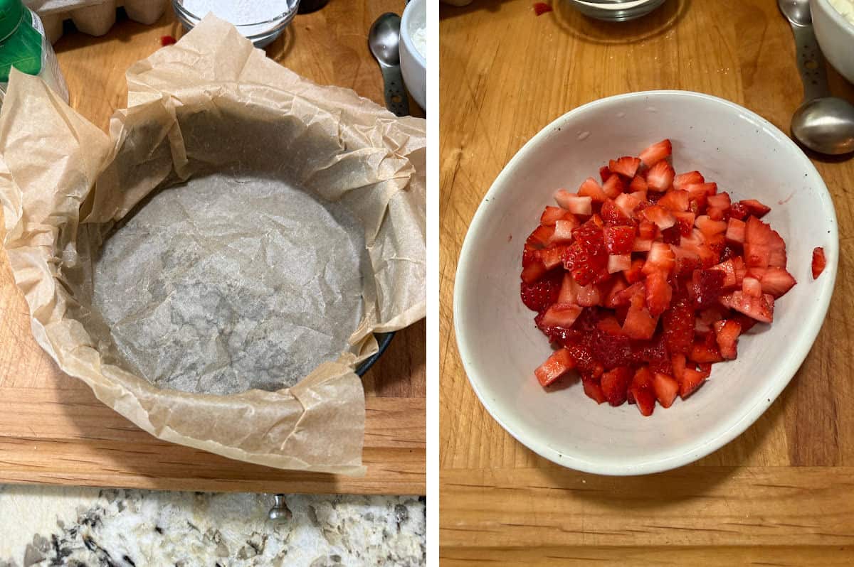 prepped pan and chopped strawberries.