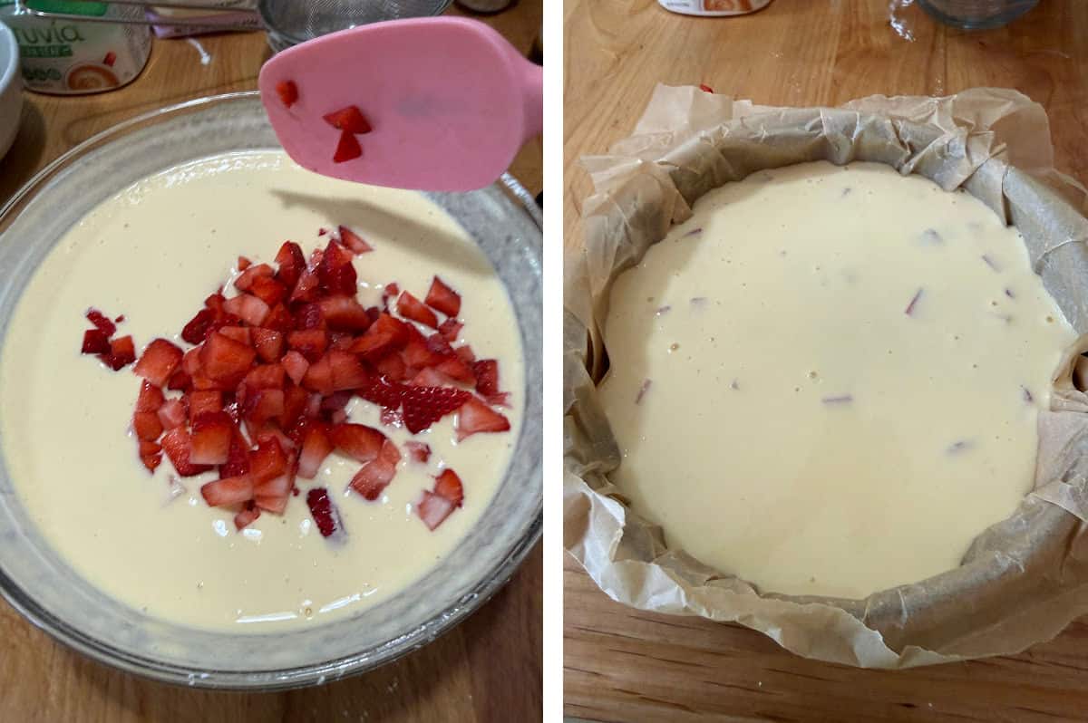 adding strawberries to the batter and transferring to the springform pan