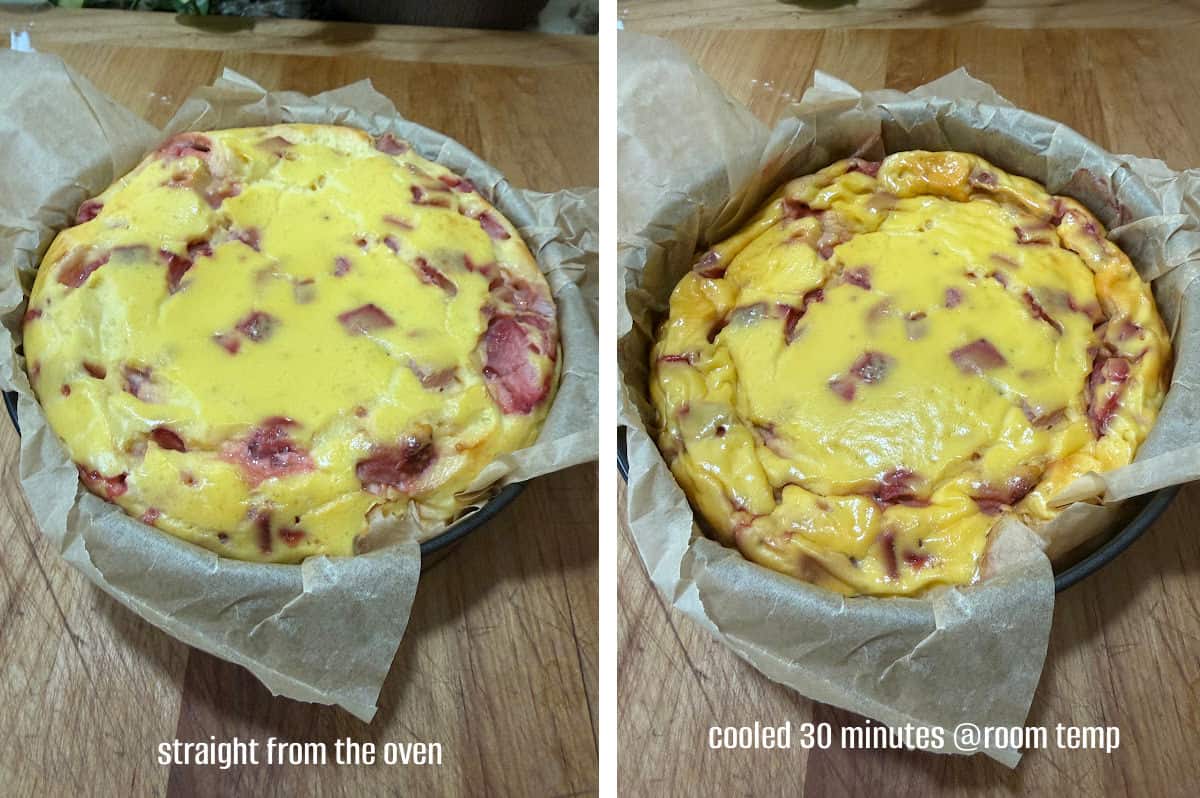 baked cake right after removing from the oven and then after cooling for 30 minutes at room temperature.