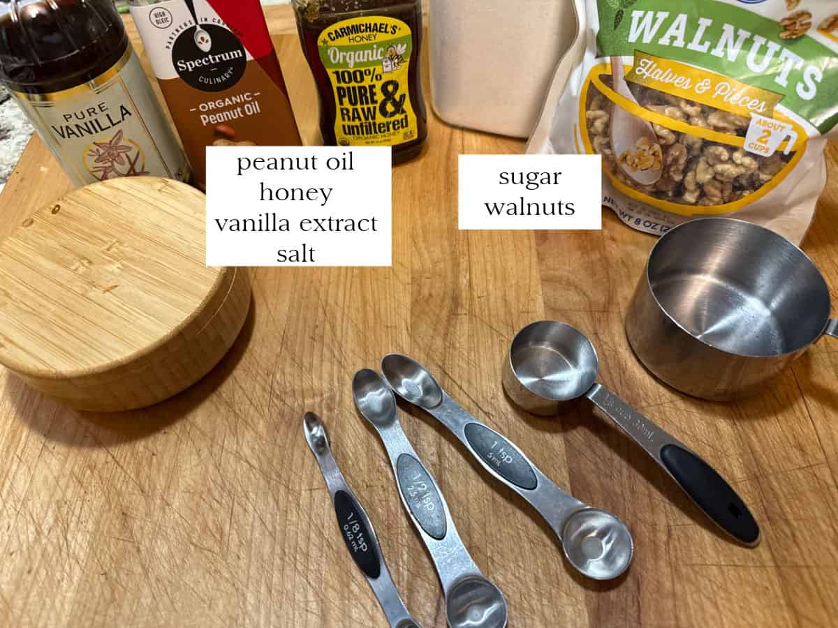 ingredients needed for candied walnuts.