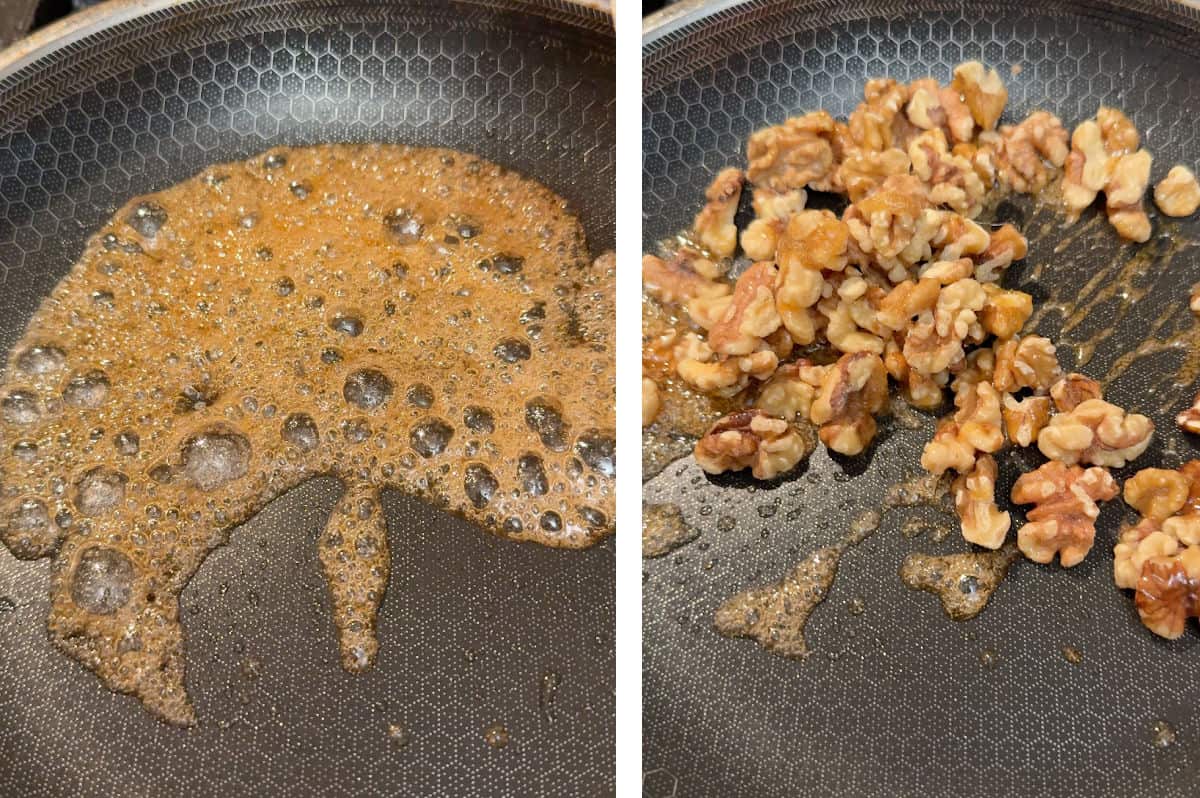 Cooking the coating in the pan and adding the walnuts.