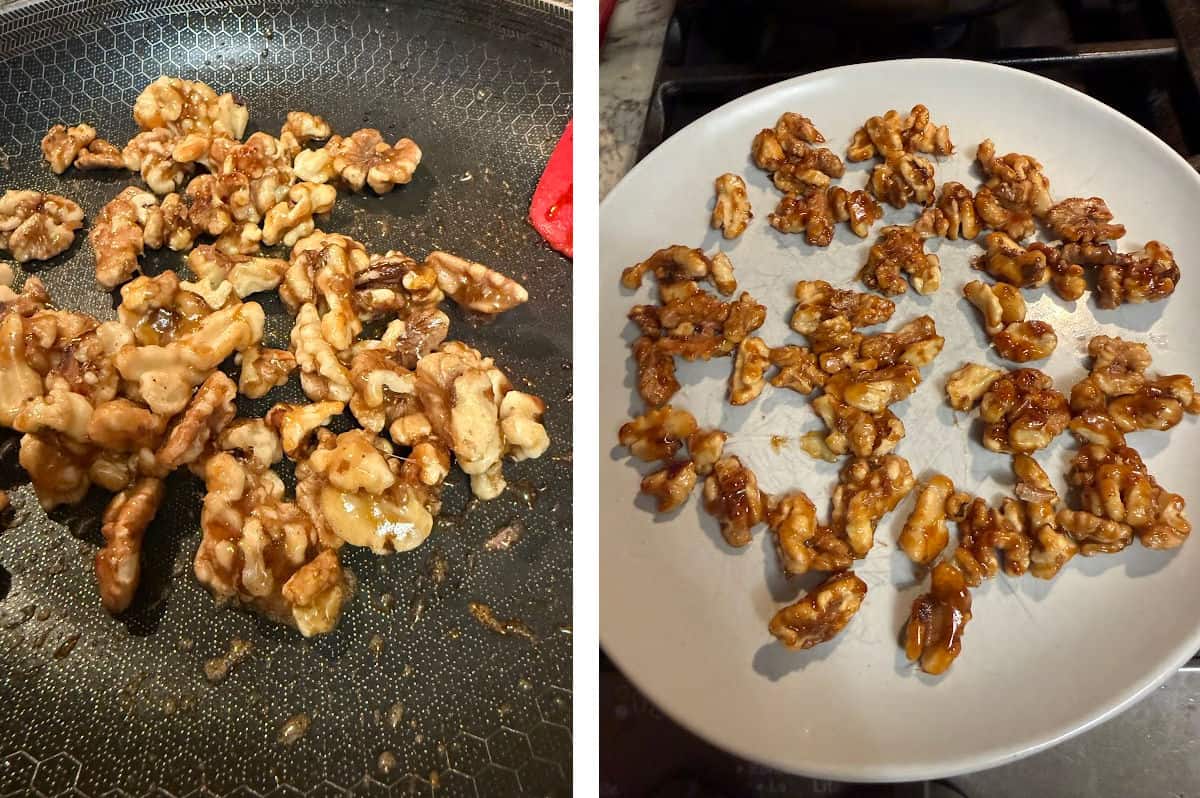 Transferring the coated walnuts to a plate to cool.