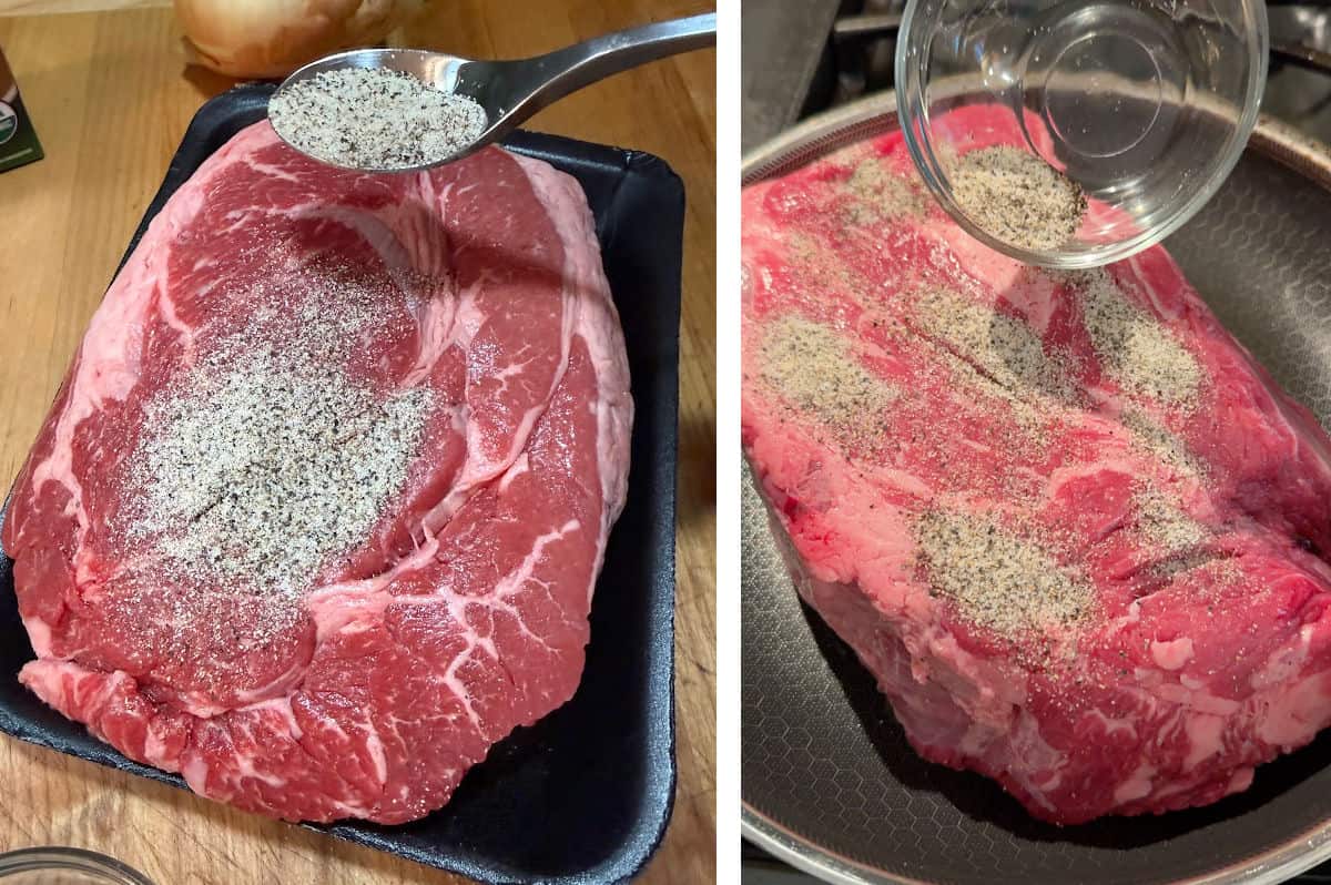 Adding the seasonings to the chuck roast, then transferring to a skillet and searing while seasoning the second side.