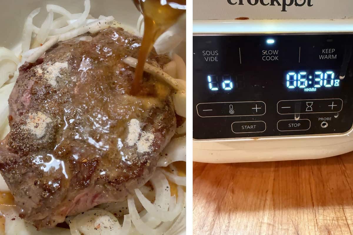 Adding the roast and other ingredients to the slow cooker and setting the cycle to slow cook.
