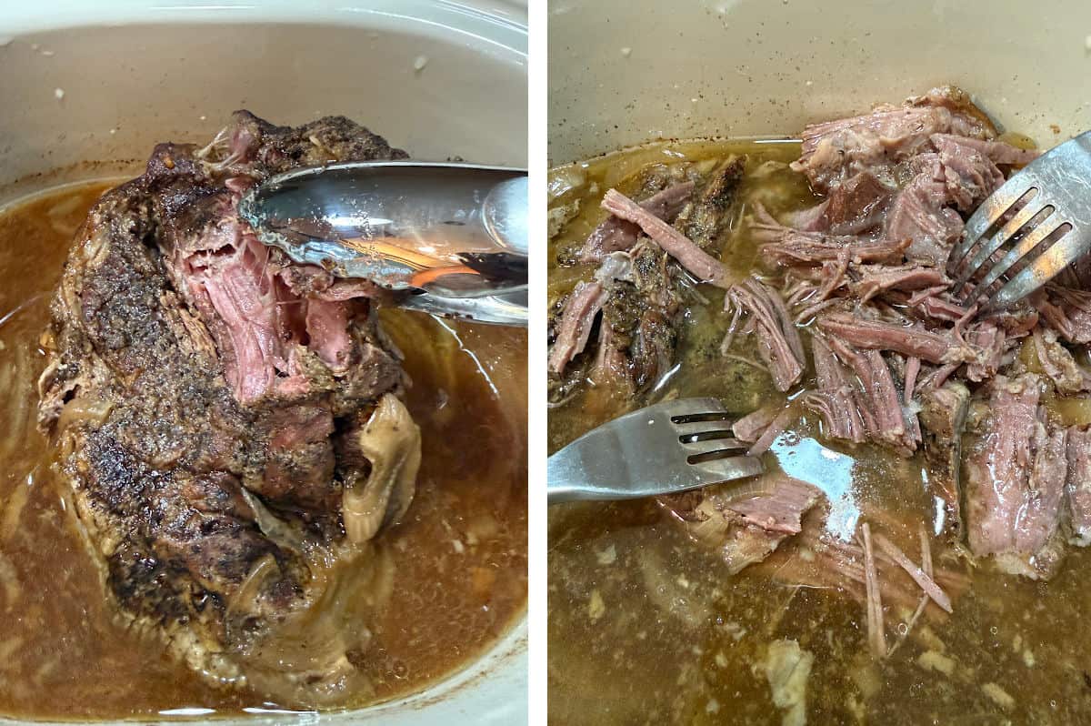 Shredding the cooked beef in the Crockpot using forks.