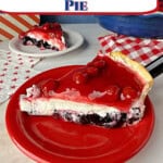 pin for layered blueberry and cherry pie, the perfect 4th of July pie.