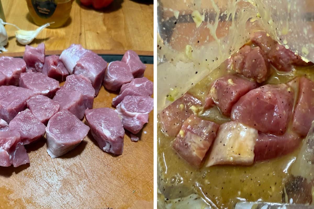 cutting up the pork and adding to the marinade in a plastic bag.