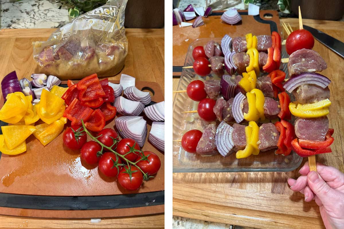cutting the vegetables and assembling the skewers for cooking.