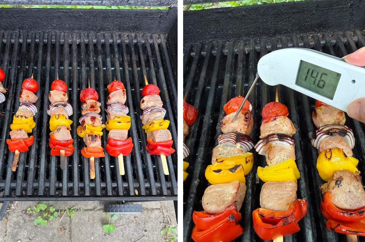 Cooking the skewers on an outdoor grill, checking internal temperature of the pork.