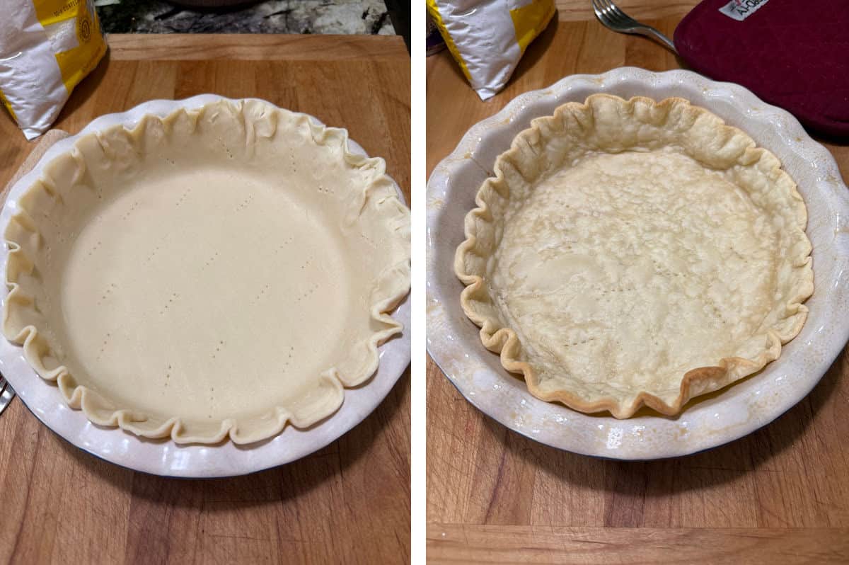 showing the pie crust in the pie plate before and after blind baking.