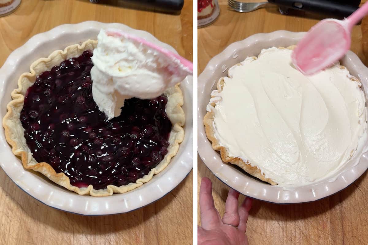 Spreading the cream cheese layer over the blueberry layer.