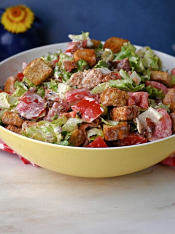 A bowl of BLT salad ready to serve.