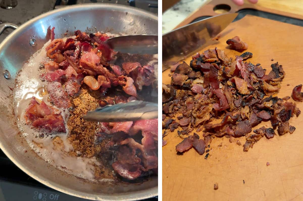 Cooking and draining the bacon.