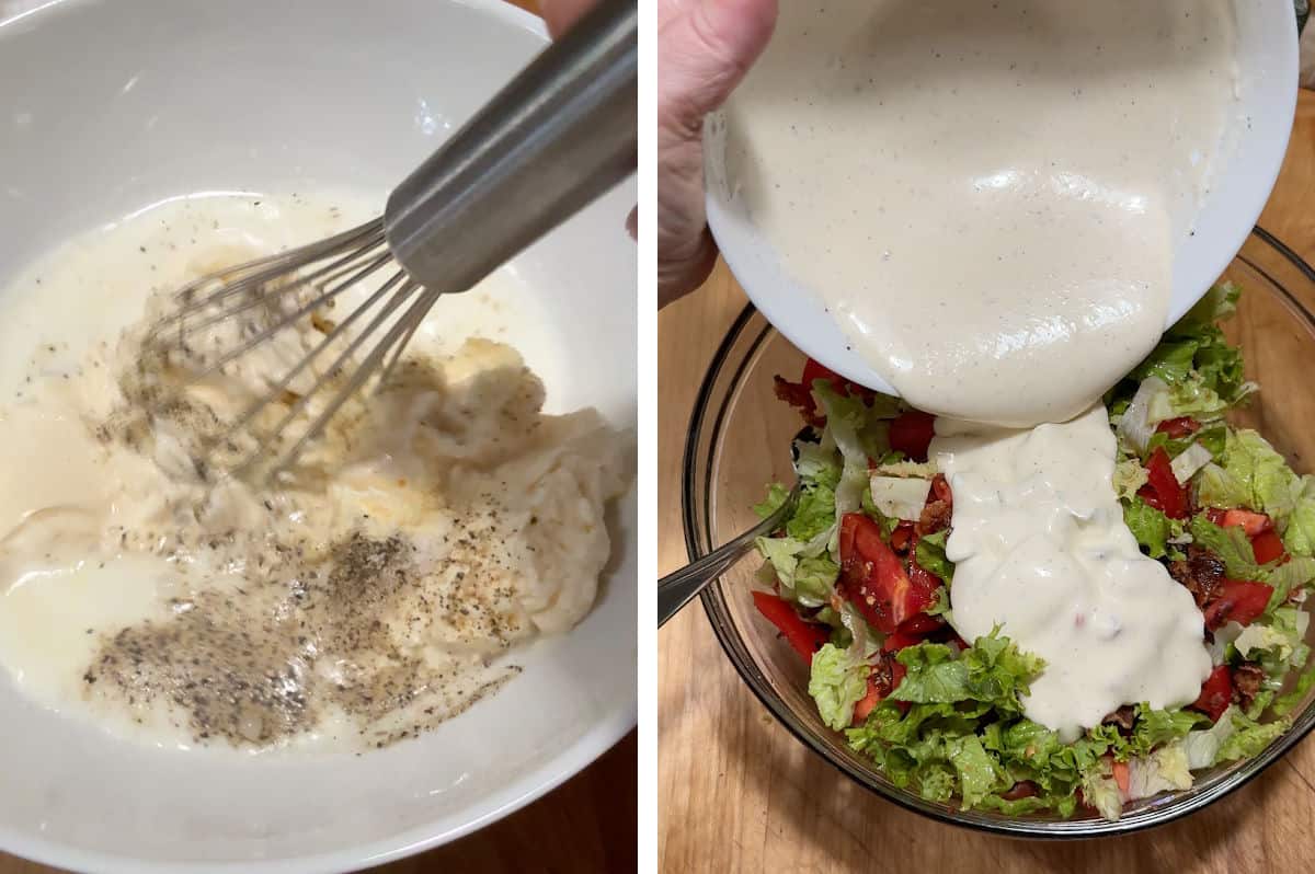 Mixing the dressing and pouring it onto the salad.