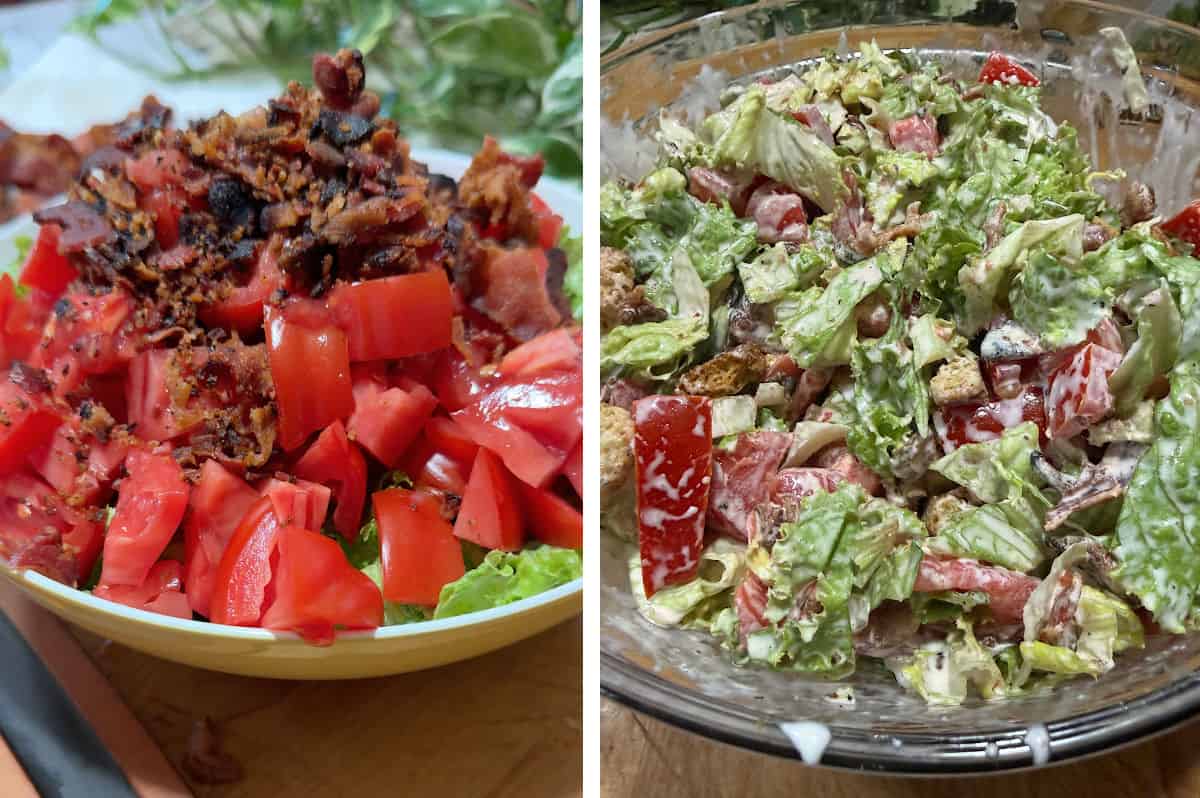 Tossing the BLT salad together just before serving.