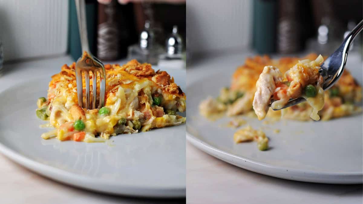 Split image of a fork gathering a portion of casserole, and then showing the bite suspended on the raised fork.