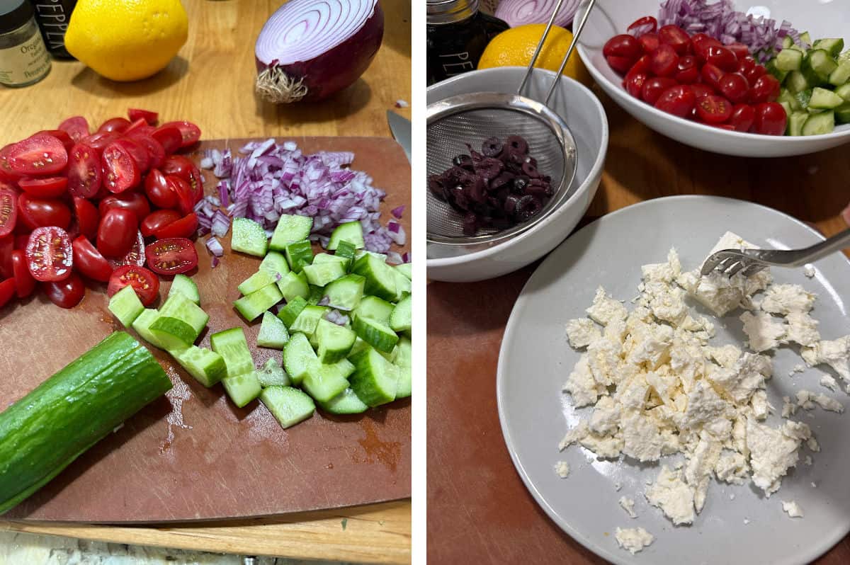 Prepping the vegetables and feta cheese for the salad.