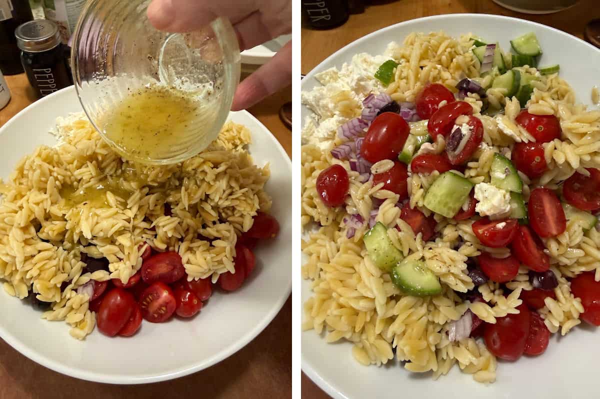adding the simple lemon dressing to the orzo salad.