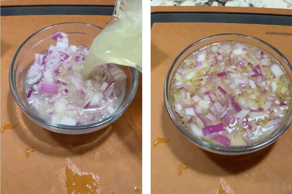 Preparing the onion by marinating it in lime juice and oil.