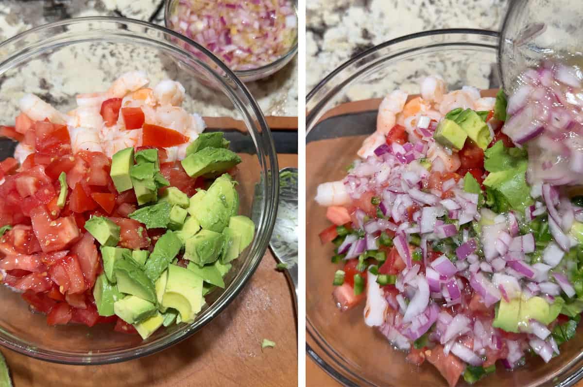 Adding all the chopped salad ingredients to a bowl.