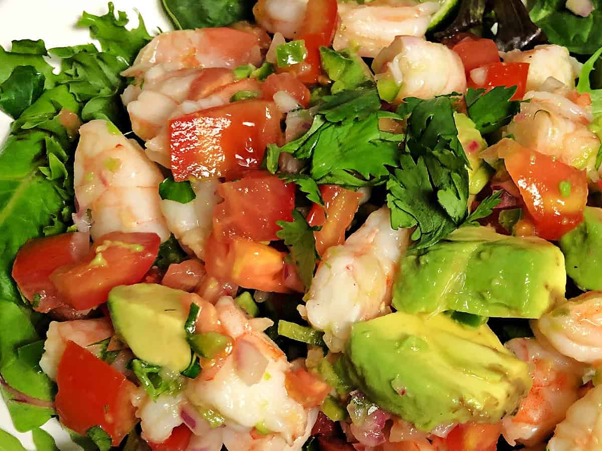 Close up of shrimp and avocado salad.