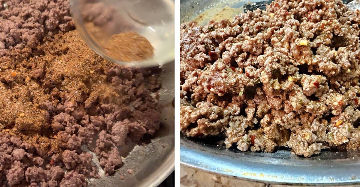 seasoning the cooked meat with the homemade taco seasoning.