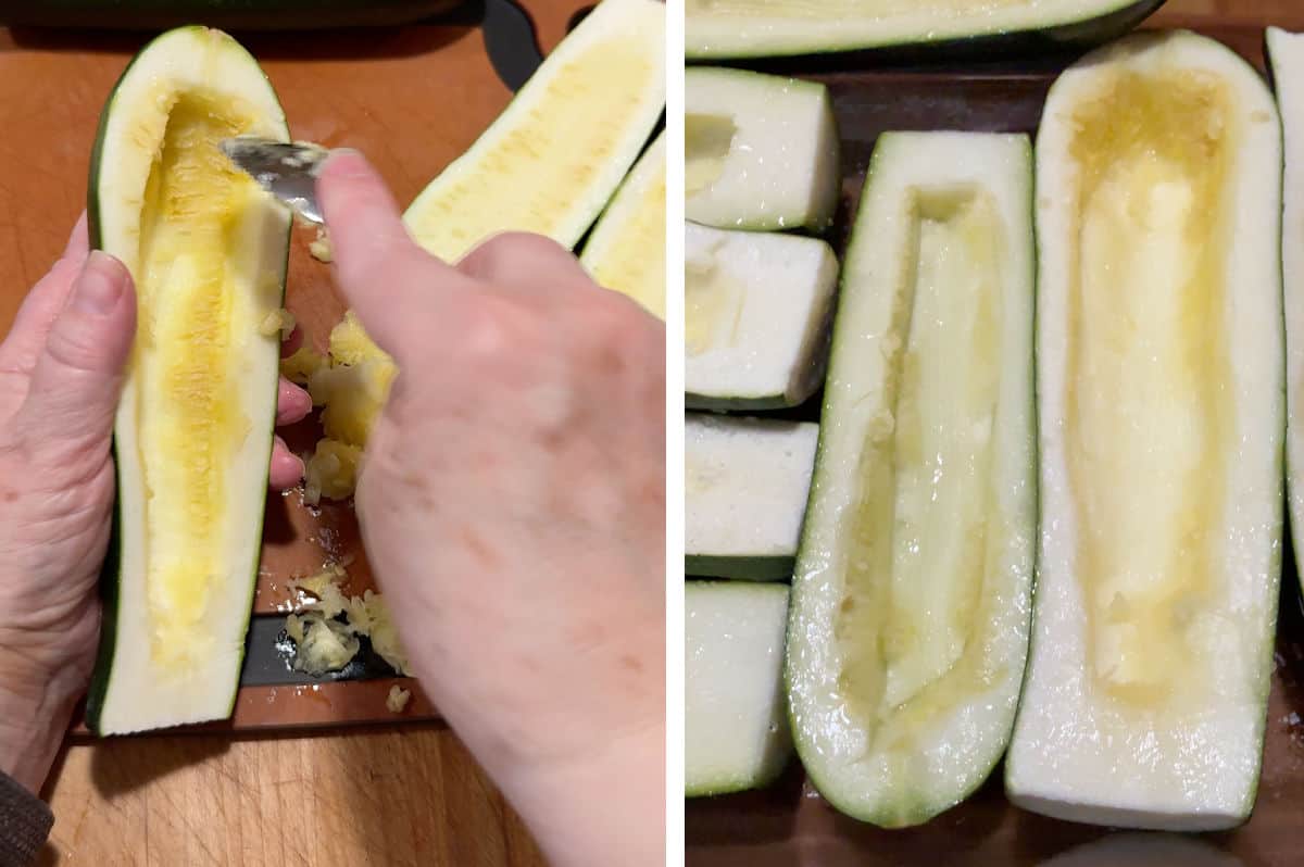 Scooping out and prepping the zucchini.