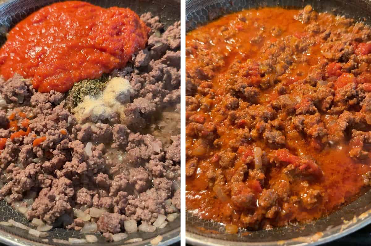 Cooking the meat sauce.