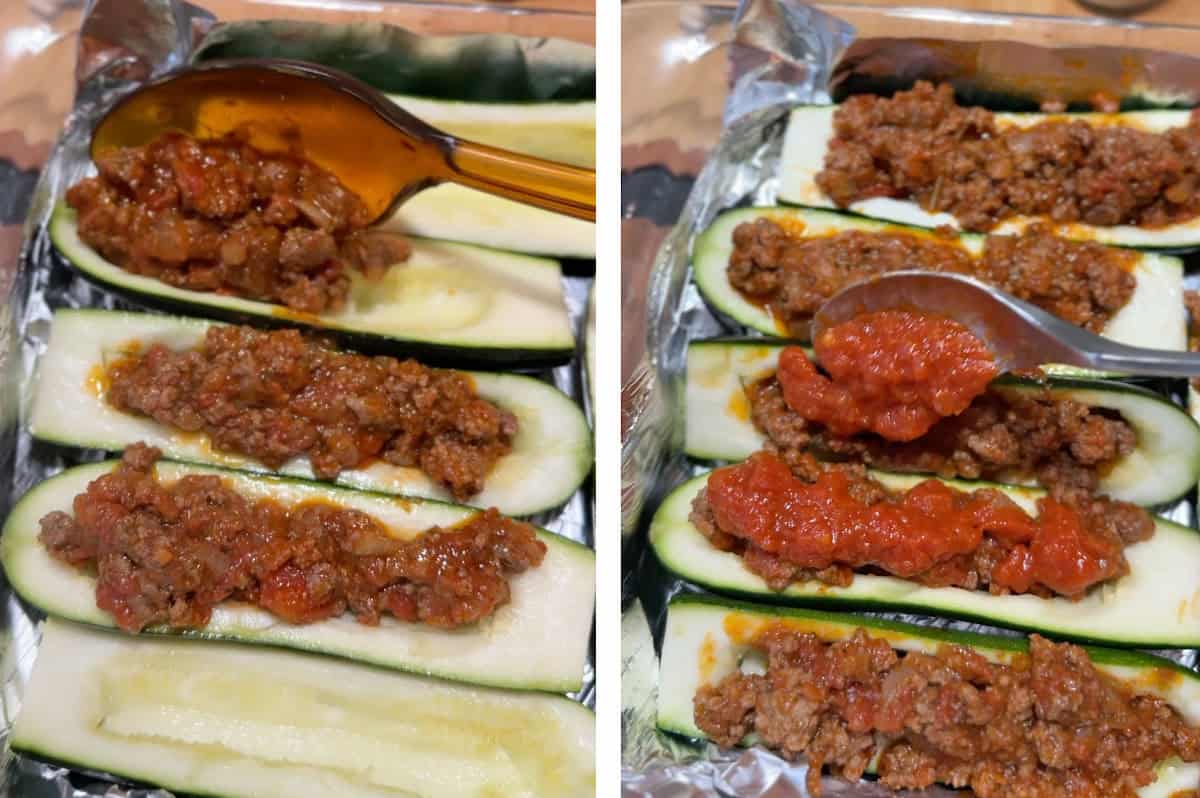 stuffing the zucchini shells with the meat sauce.