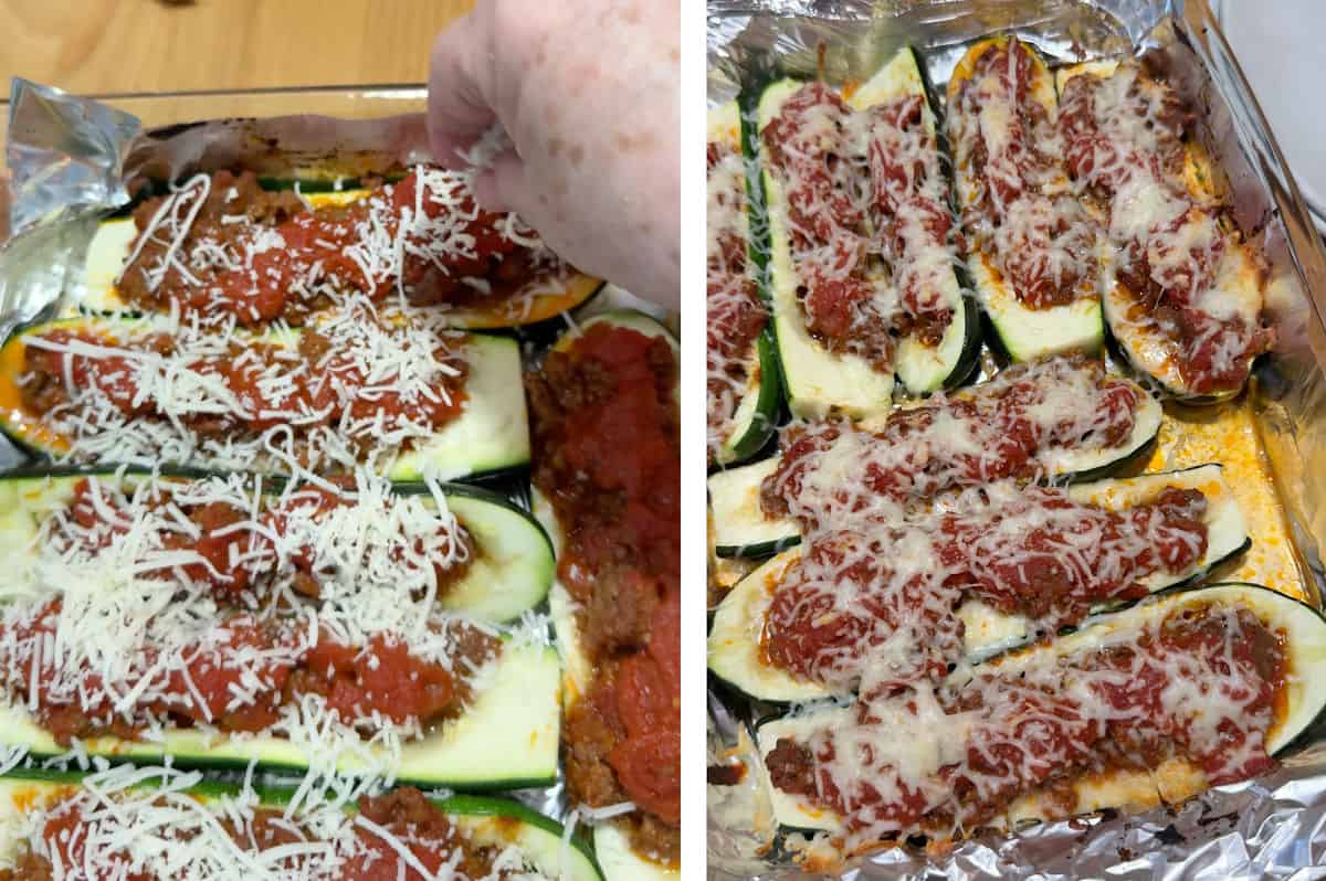 Cooking the stuffed zucchini, adding a sprinkle of cheese half way through the cooking time.