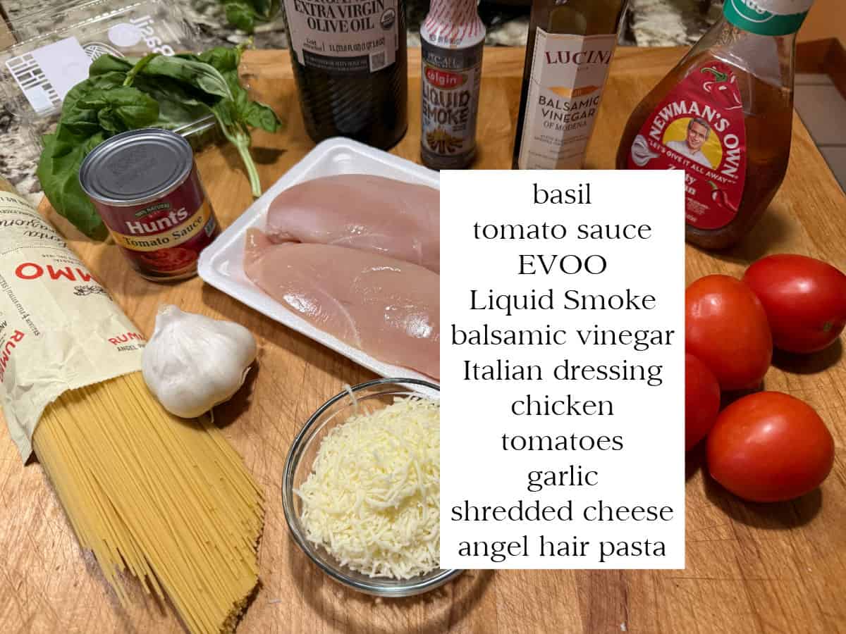ingredients needed to make bruschetta chicken and pasta.
