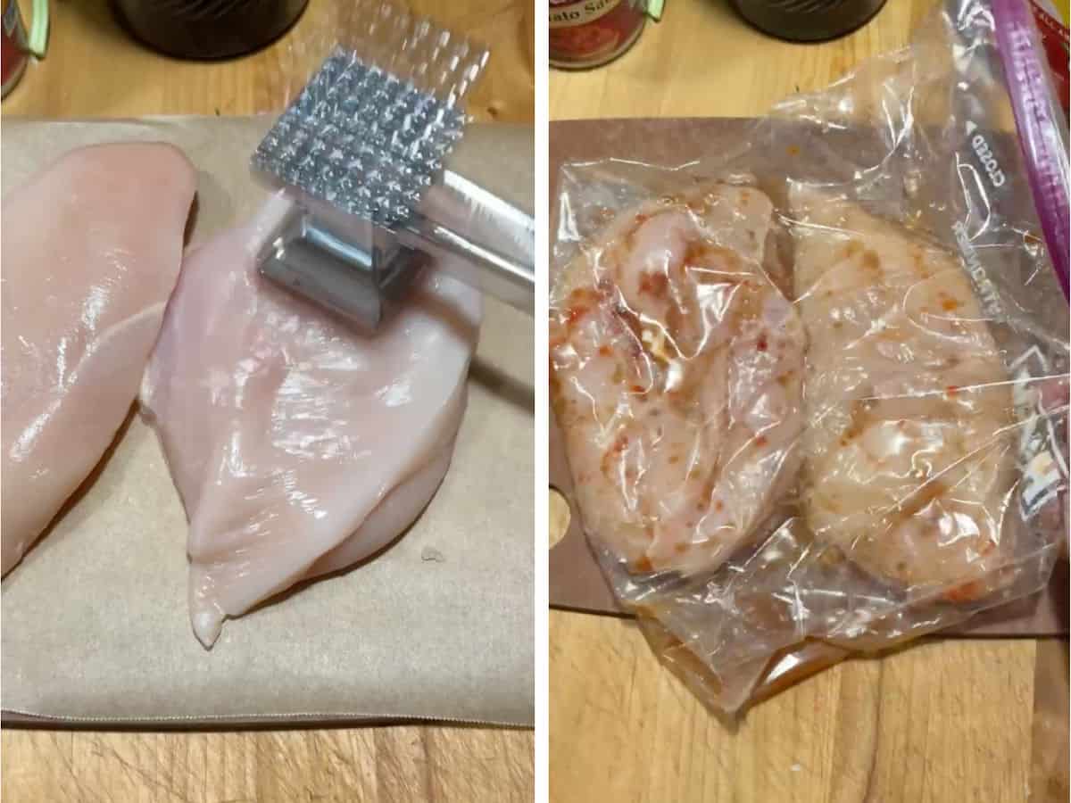 pounding the chicken breasts and marinating.