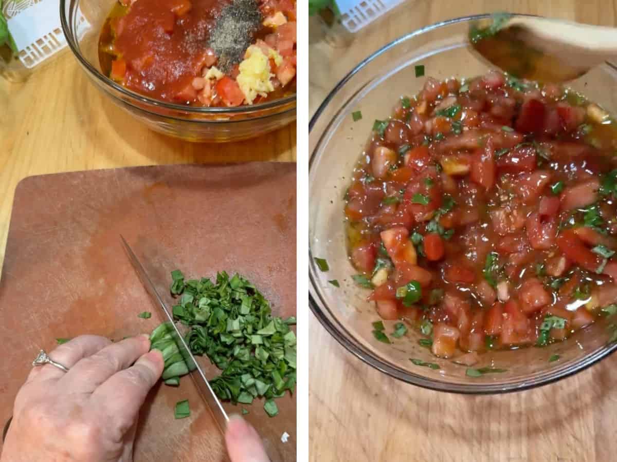 chopping and mixing the bruschetta sauce.